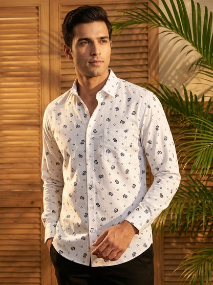 White And Black Small Flower Printed Full Sleeve Shirt