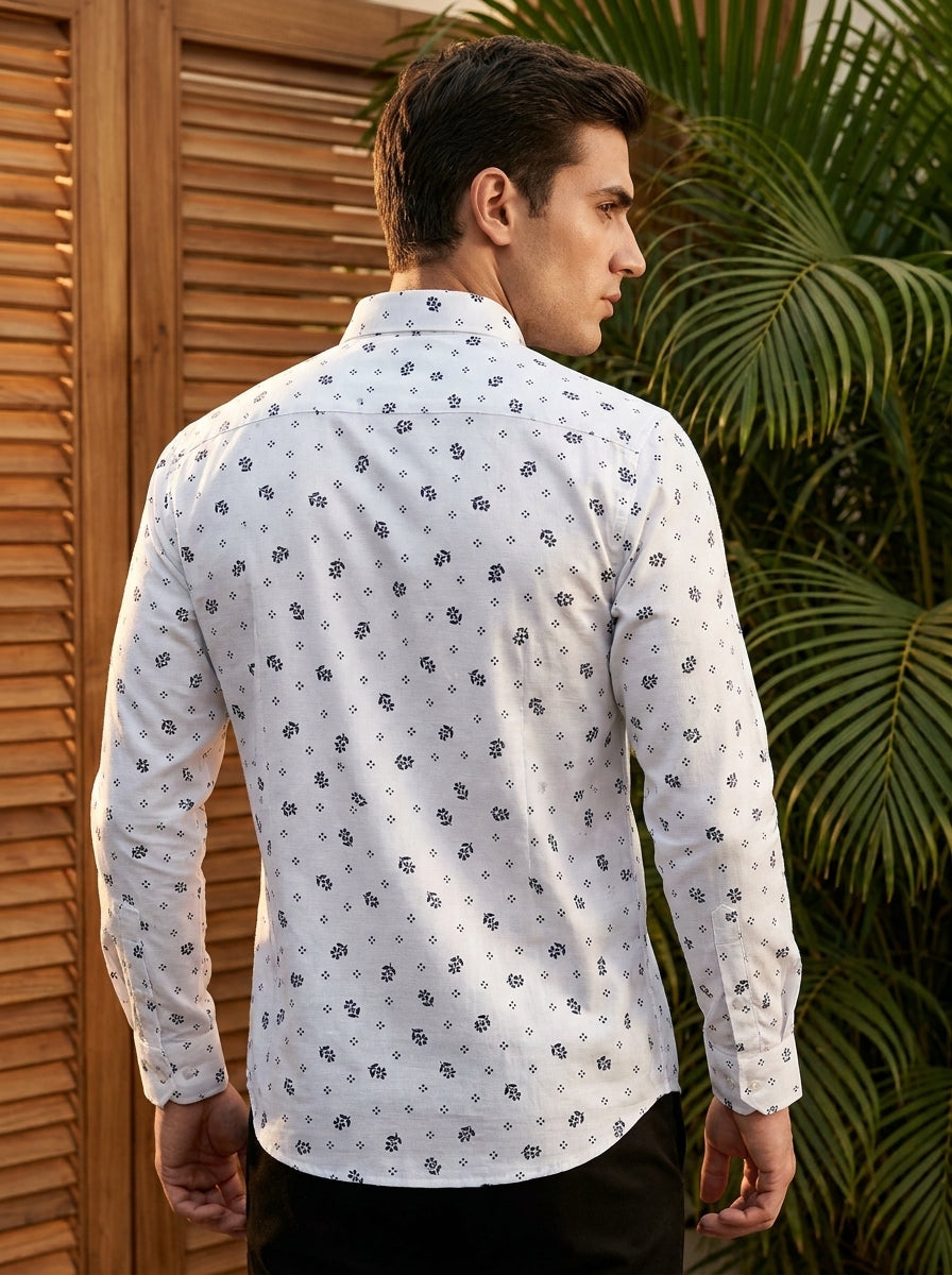 White And Black Small Flower Printed Full Sleeve Shirt
