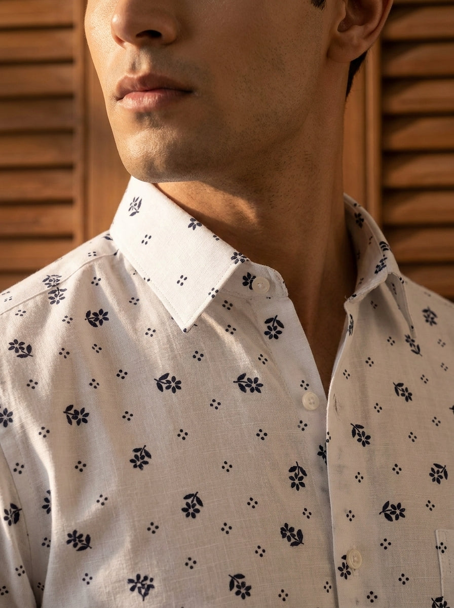 White And Black Small Flower Printed Full Sleeve Shirt