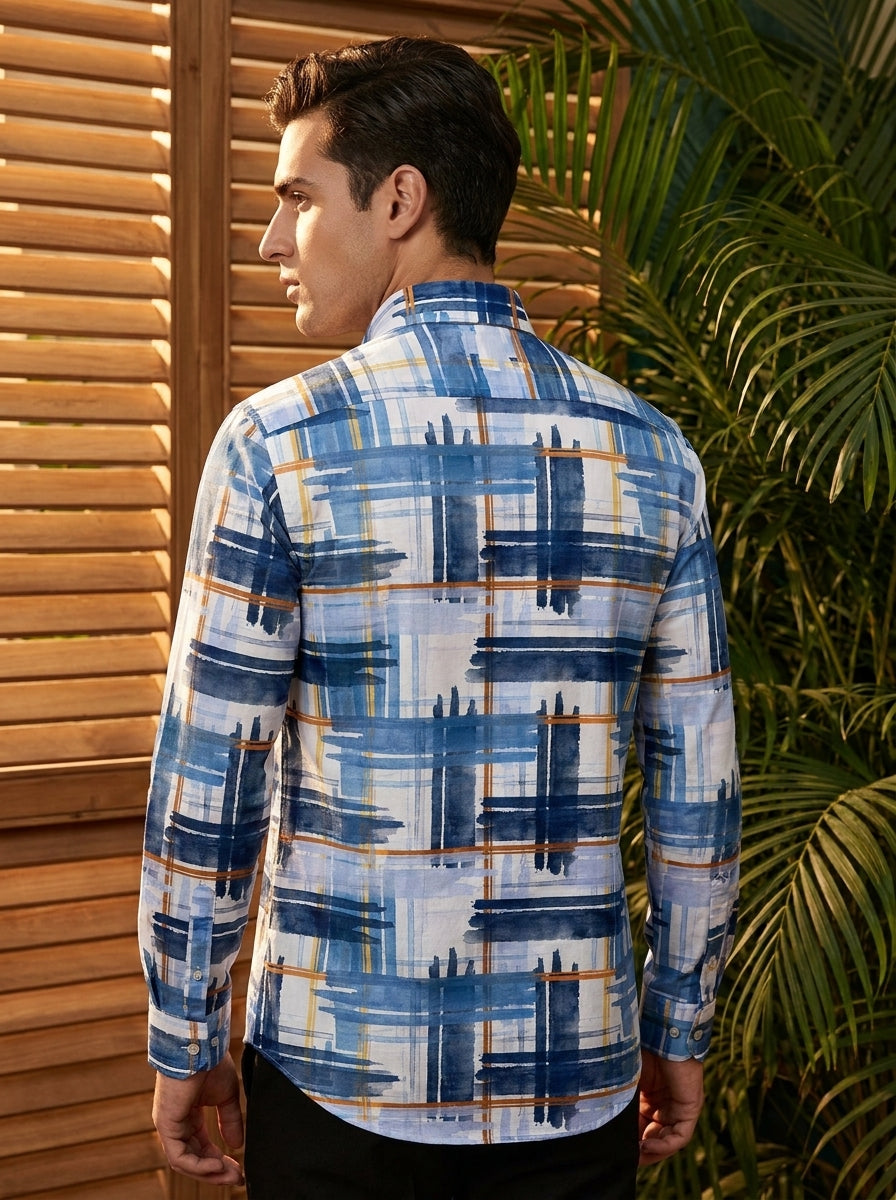 Navy Blue Checks Printed Full Sleeve Shirt