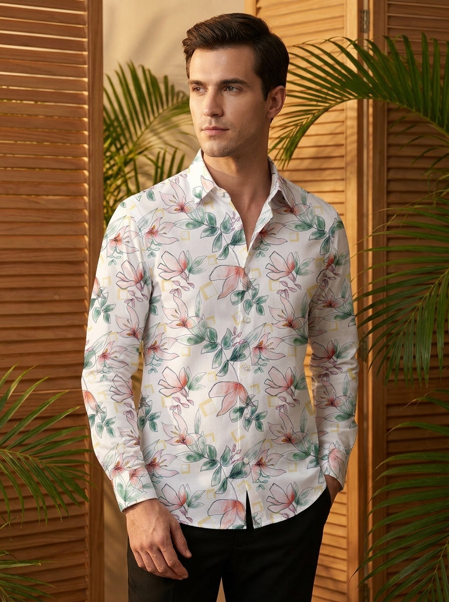White Flower Printed Full Sleeve Shirt