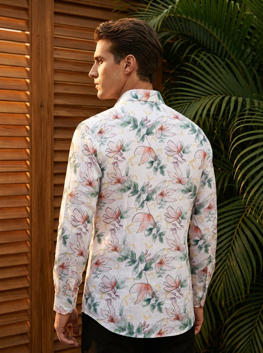 White Flower Printed Full Sleeve Shirt
