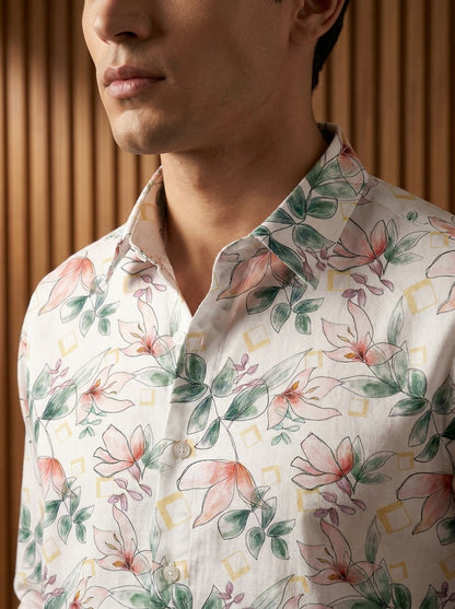 White Flower Printed Full Sleeve Shirt