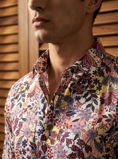 Marron Flower Printed Full Sleeve Shirt