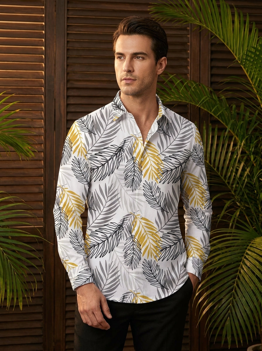 White And Grey Leaf Printed Full Sleeve Shirt
