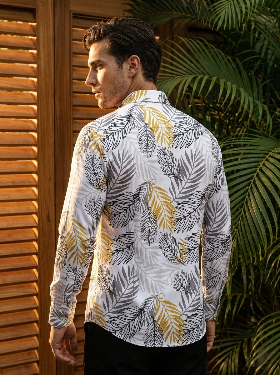 White And Grey Leaf Printed Full Sleeve Shirt