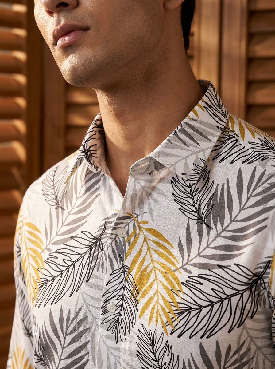 White And Grey Leaf Printed Full Sleeve Shirt