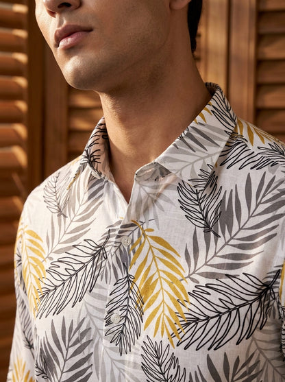 White And Grey Leaf Printed Full Sleeve Shirt