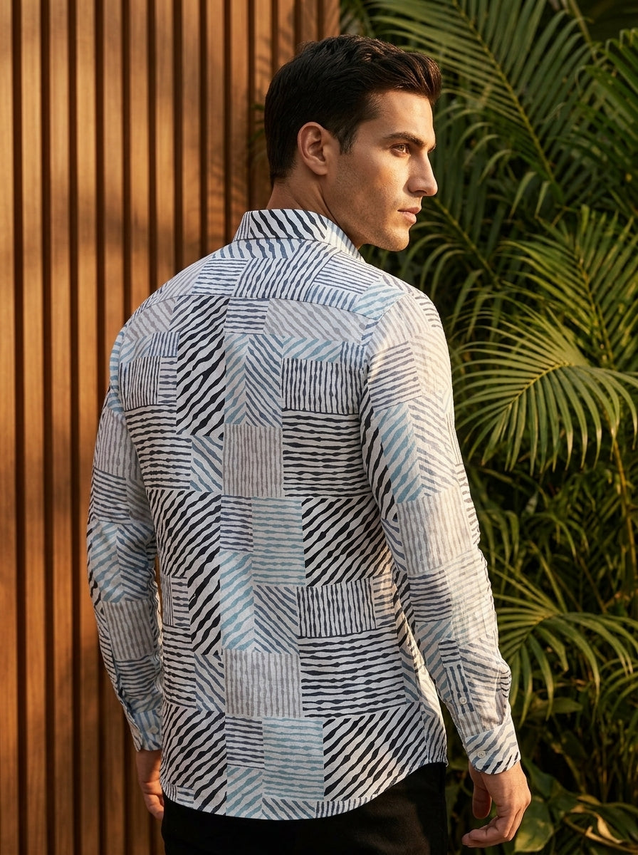 Off White Multi Color Block Printed Full Sleeve Shirt