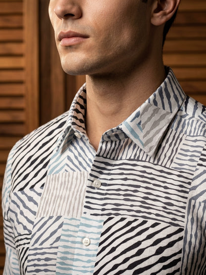 Off White Multi Color Block Printed Full Sleeve Shirt