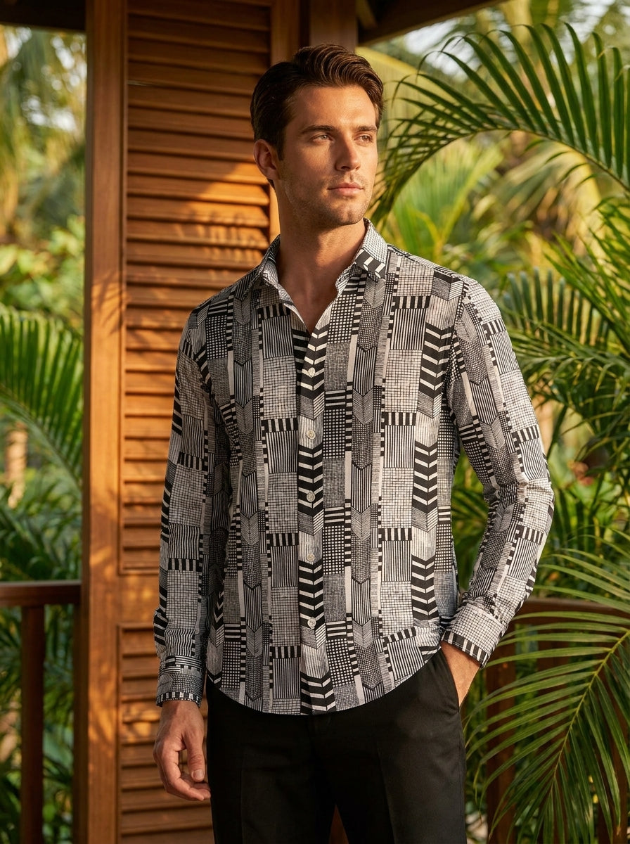 Black Abstract Pattern Printed Full Sleeve Shirt