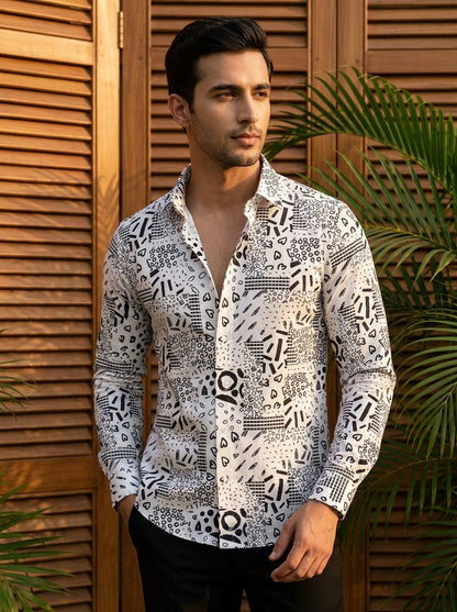 Cream and Black Printed Full Sleeve Shirt