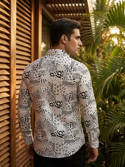 Cream and Black Printed Full Sleeve Shirt