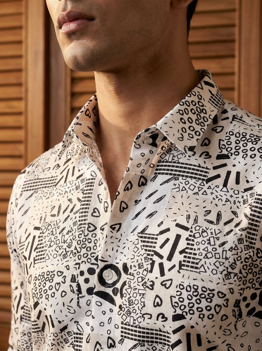 Cream and Black Printed Full Sleeve Shirt