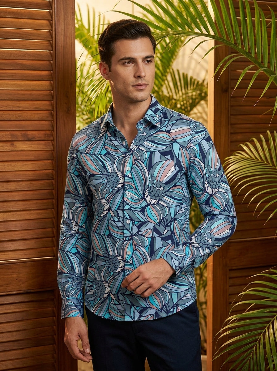 Blue Flower Printed Full Sleeve Shirt