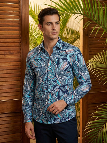 Blue Flower Printed Full Sleeve Shirt