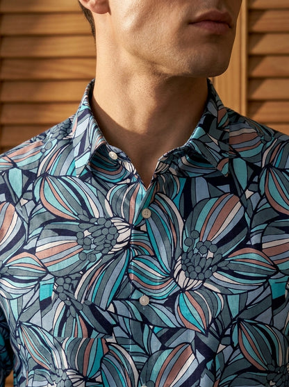 Blue Flower Printed Full Sleeve Shirt
