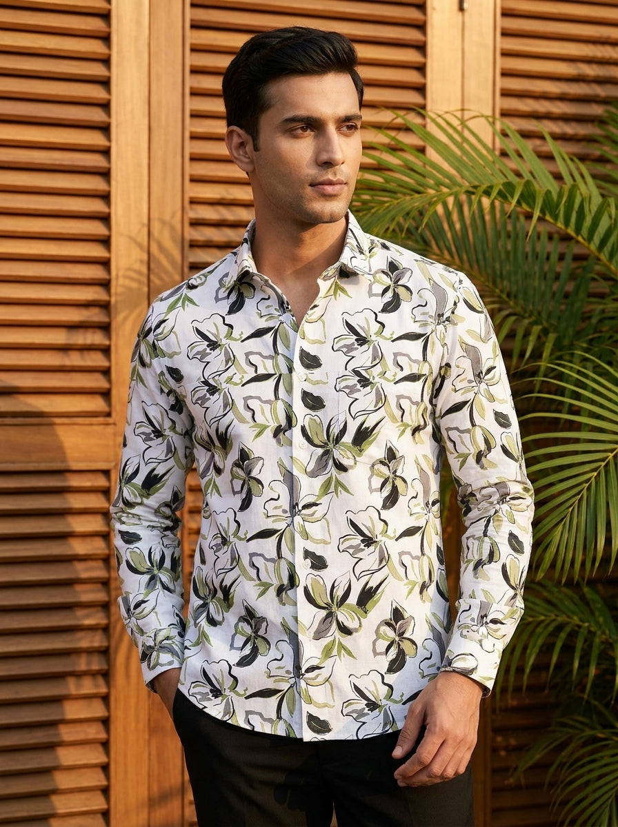White And Green Flower Printed Full Sleeve Shirt