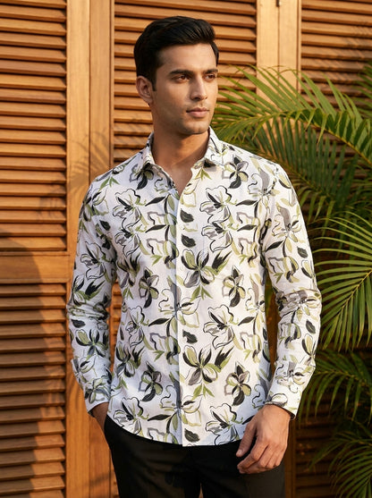 White And Green Flower Printed Full Sleeve Shirt