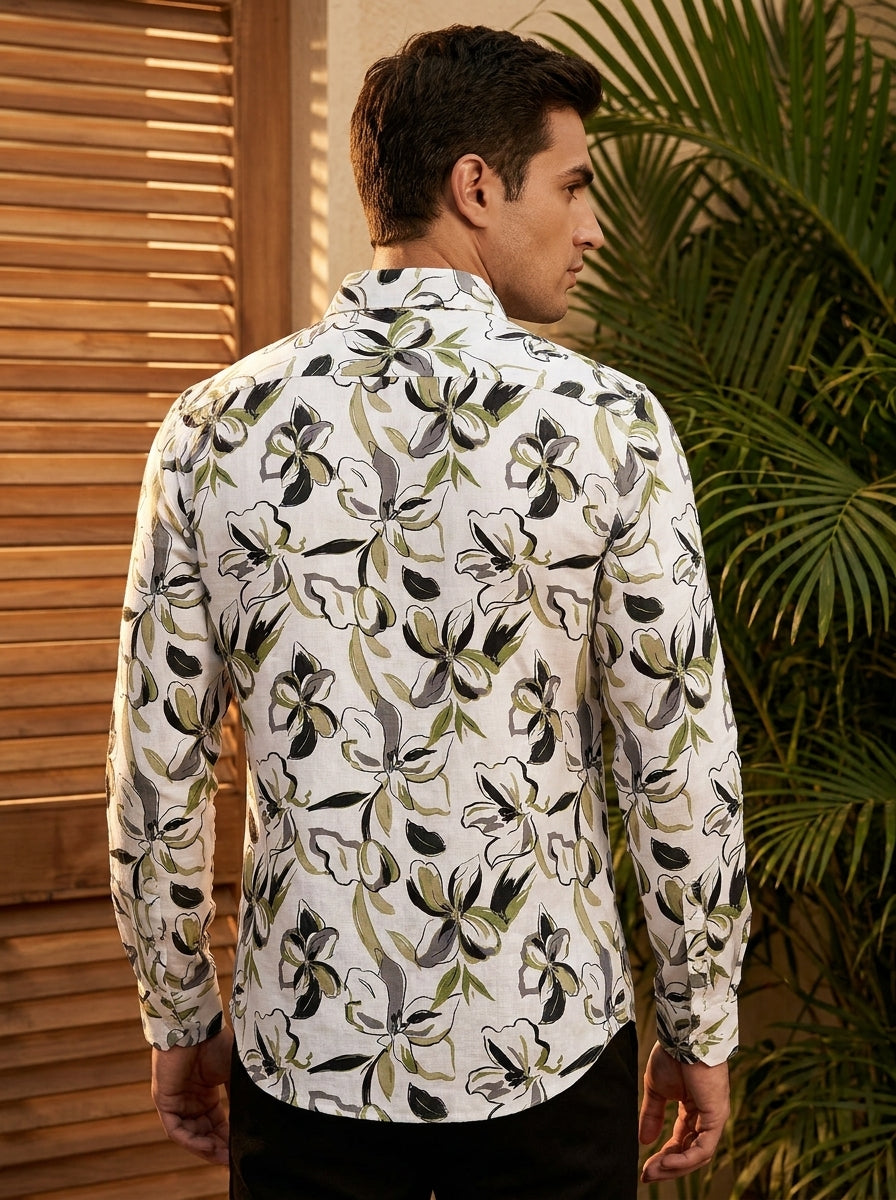 White And Green Flower Printed Full Sleeve Shirt