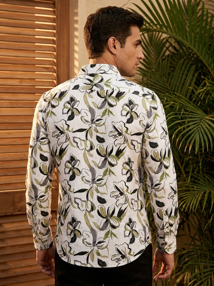 White And Green Flower Printed Full Sleeve Shirt