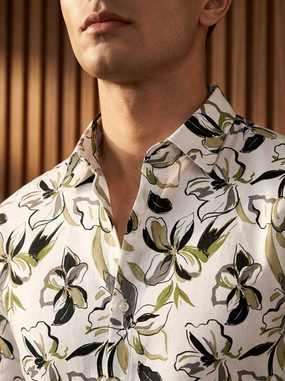 White And Green Flower Printed Full Sleeve Shirt