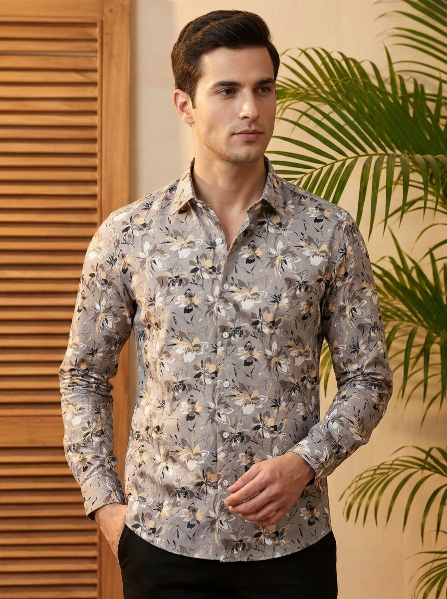 Light Grey Flower Printed Full Sleeve Shirt