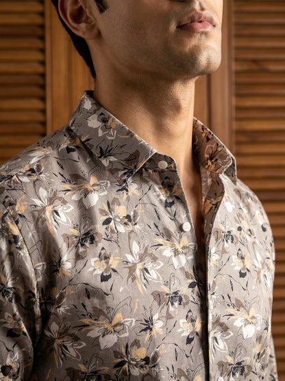 Light Grey Flower Printed Full Sleeve Shirt