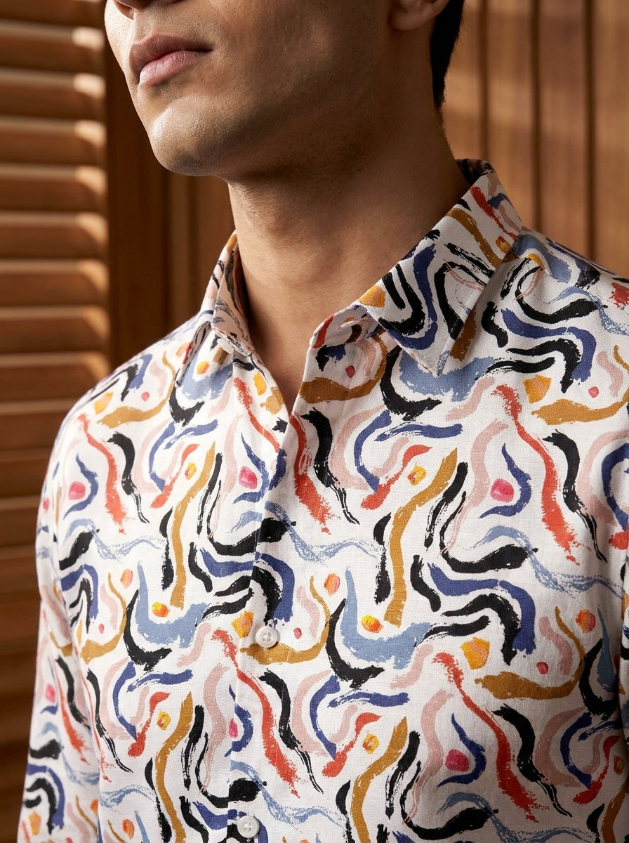 White Wave Printed Full Sleeve Shirt
