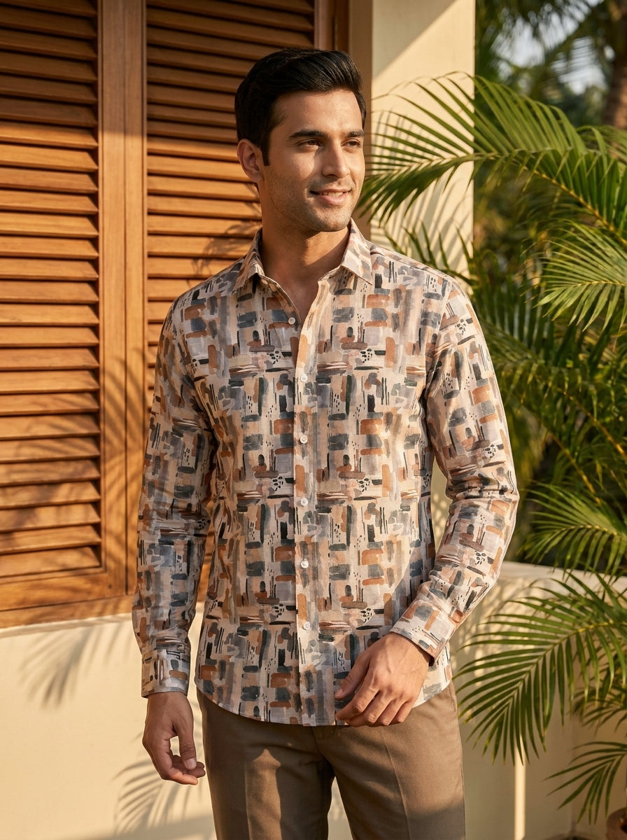 Brown Abstract Printed Full Sleeve Shirt