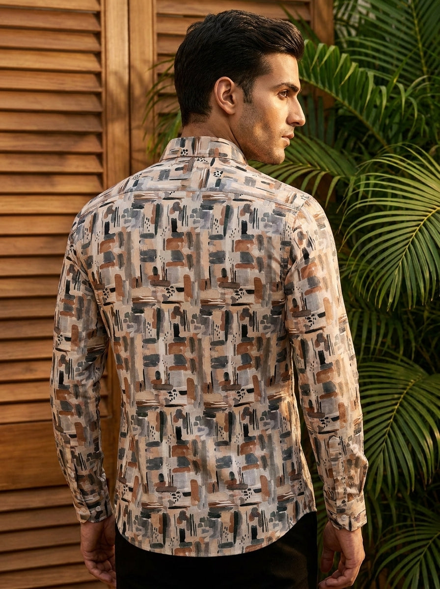 Brown Abstract Printed Full Sleeve Shirt