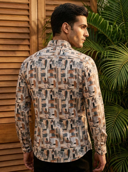 Brown Abstract Printed Full Sleeve Shirt