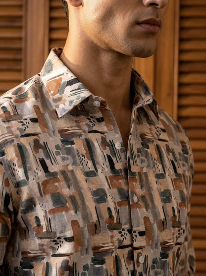 Brown Abstract Printed Full Sleeve Shirt