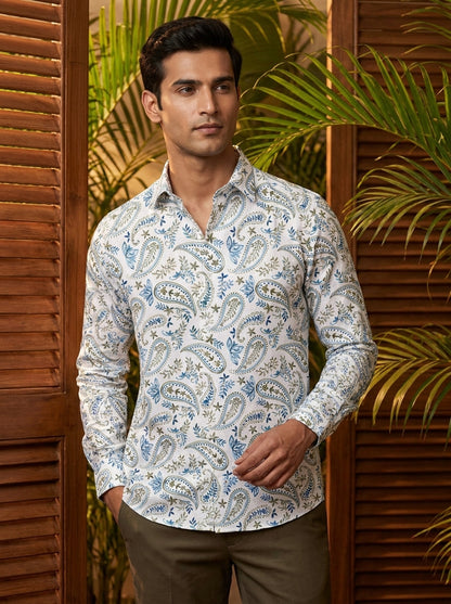 White Paisley Printed Full Sleeve Shirt