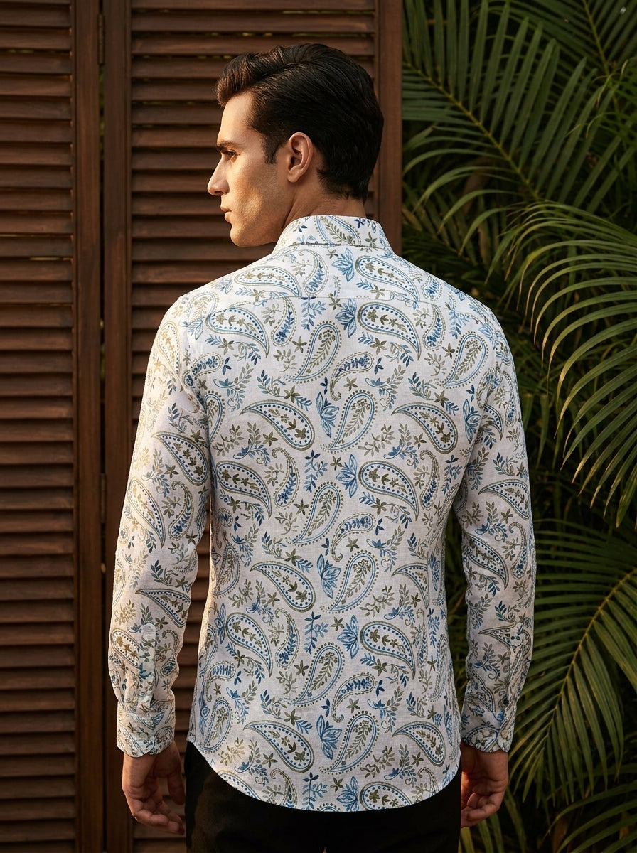 White Paisley Printed Full Sleeve Shirt