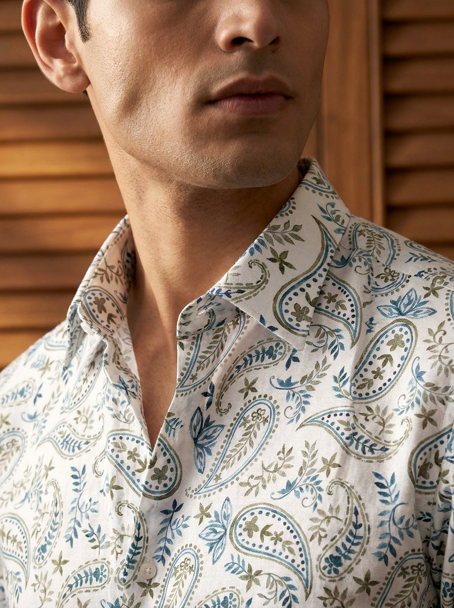 White Paisley Printed Full Sleeve Shirt
