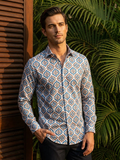 White Ethnic Printed Full Sleeve Shirt