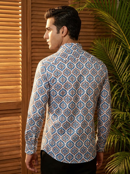White Ethnic Printed Full Sleeve Shirt