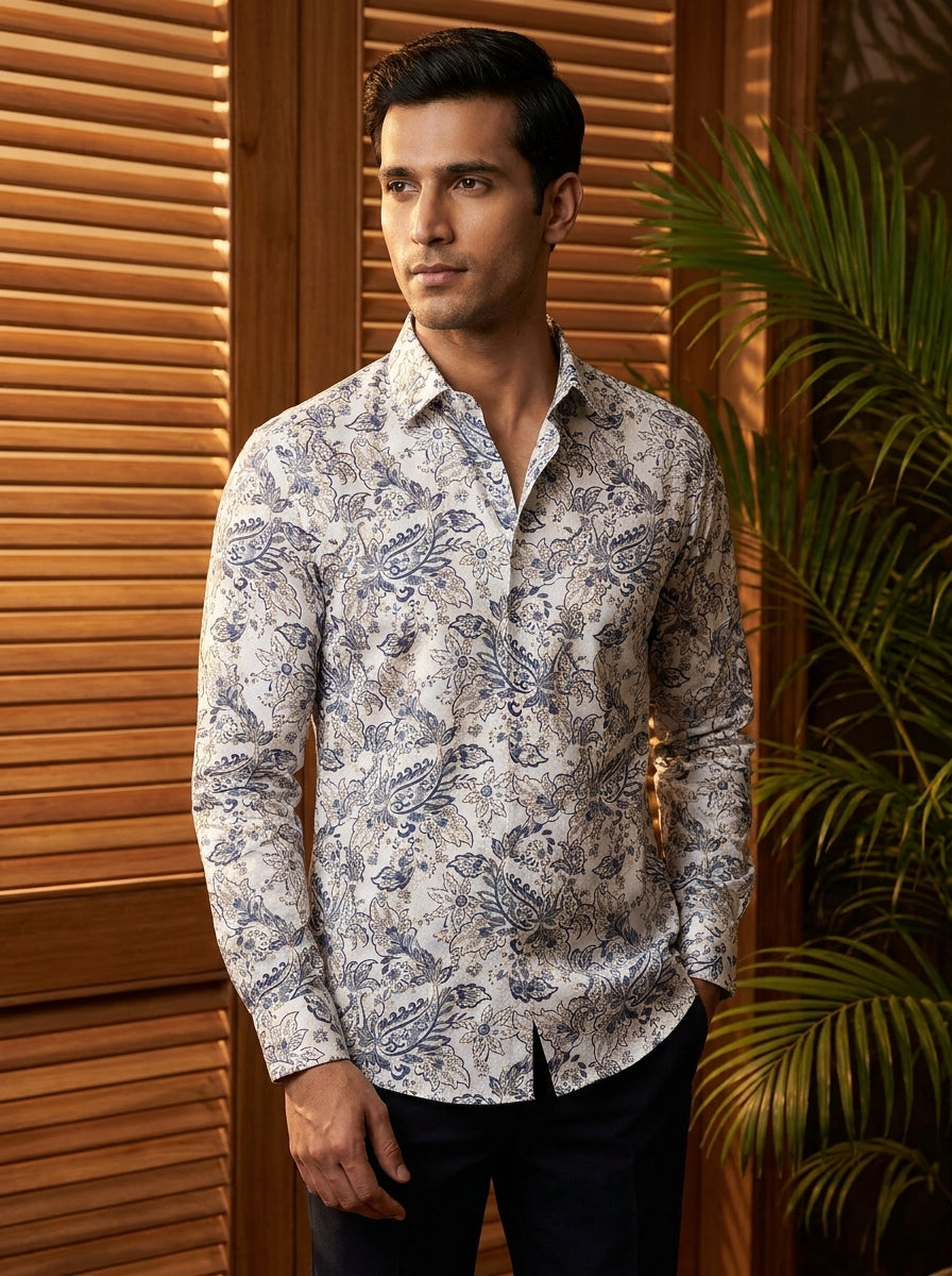 White Flower Printed Full Sleeve Shirt