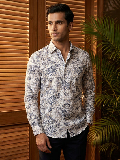 White Flower Printed Full Sleeve Shirt