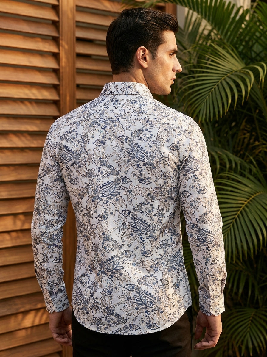 White Flower Printed Full Sleeve Shirt