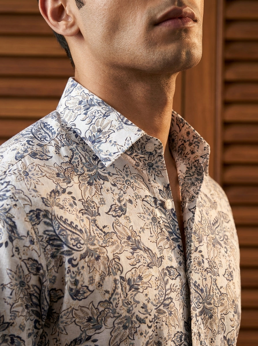 White Flower Printed Full Sleeve Shirt