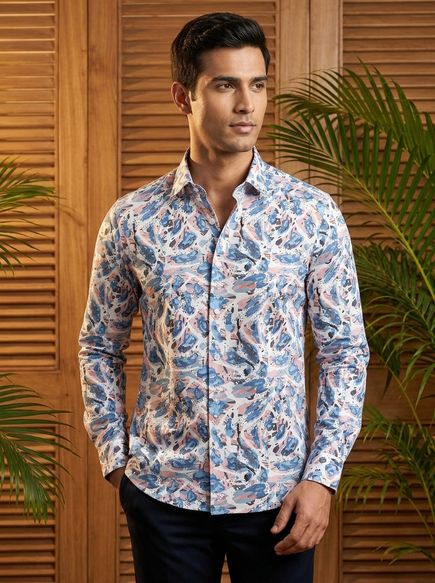 White And Pink Printed Full Sleeve Shirt