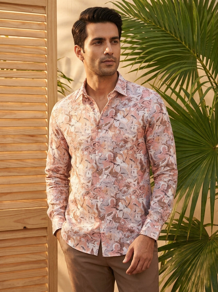 Peach Flower Printed Full Sleeve Shirt