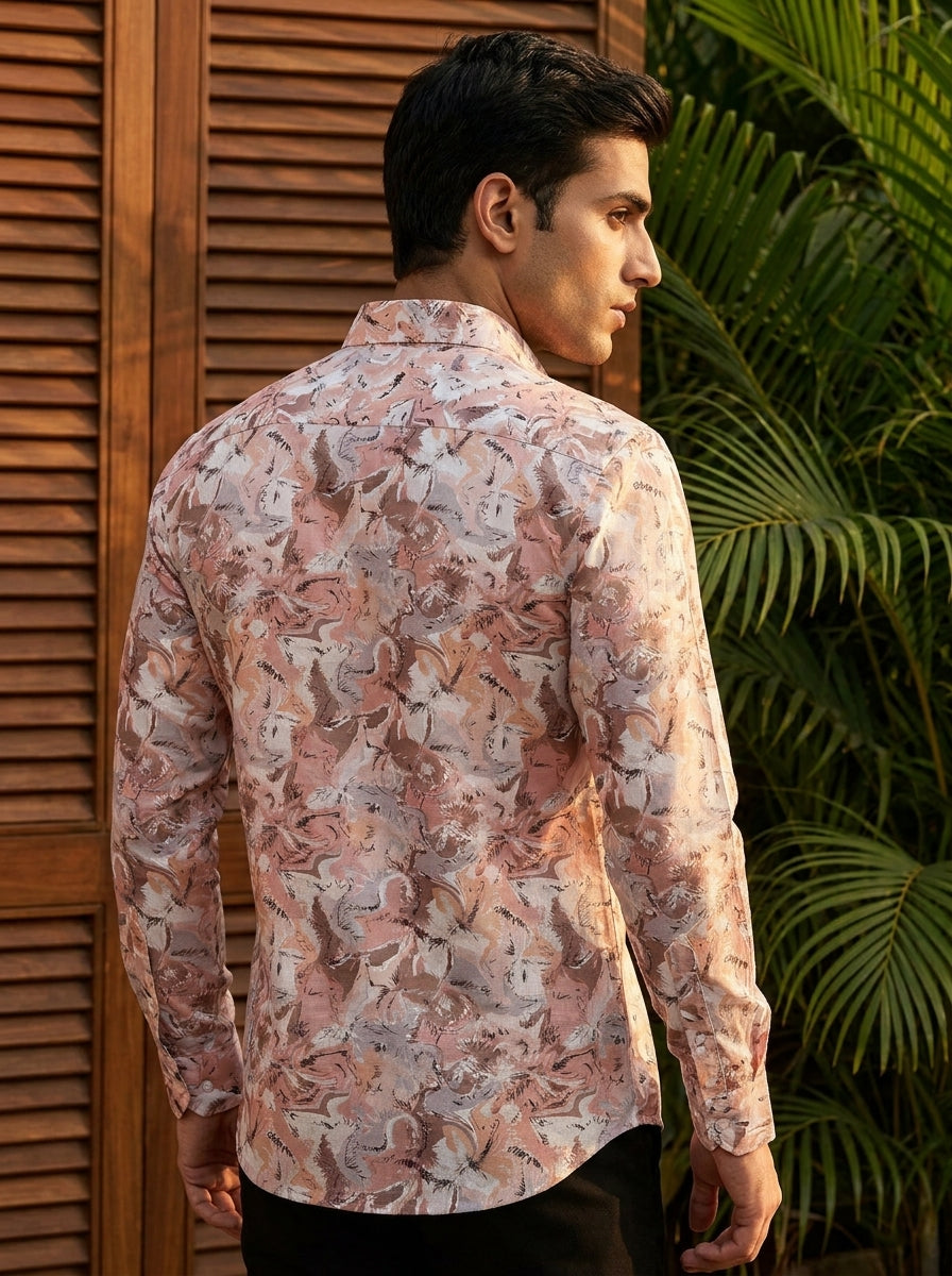 Peach Flower Printed Full Sleeve Shirt