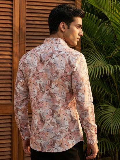 Peach Flower Printed Full Sleeve Shirt