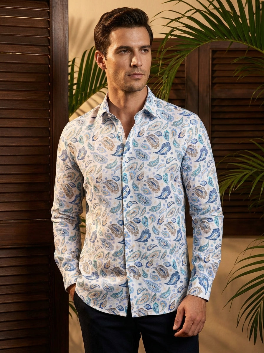White And Blue Paisley Printed Full Sleeve Shirt