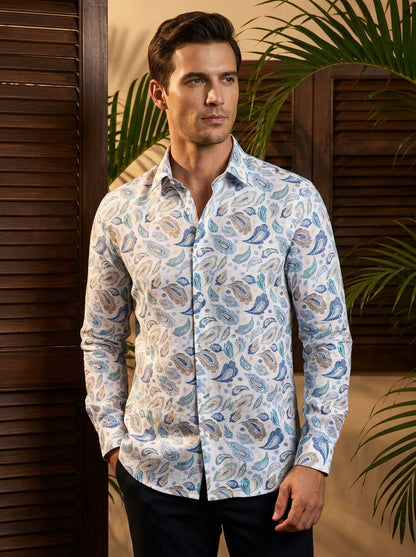 White And Blue Paisley Printed Full Sleeve Shirt