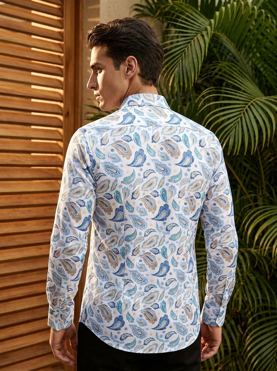 White And Blue Paisley Printed Full Sleeve Shirt