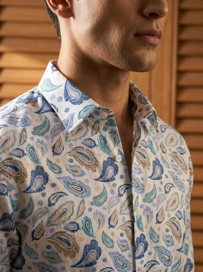 White And Blue Paisley Printed Full Sleeve Shirt
